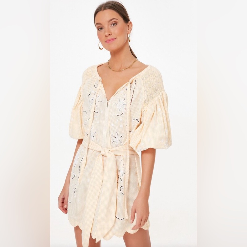 NWT! Innika Choo Yellow Gingham Cutwork Mini Smock dress - Picture 4 of 12